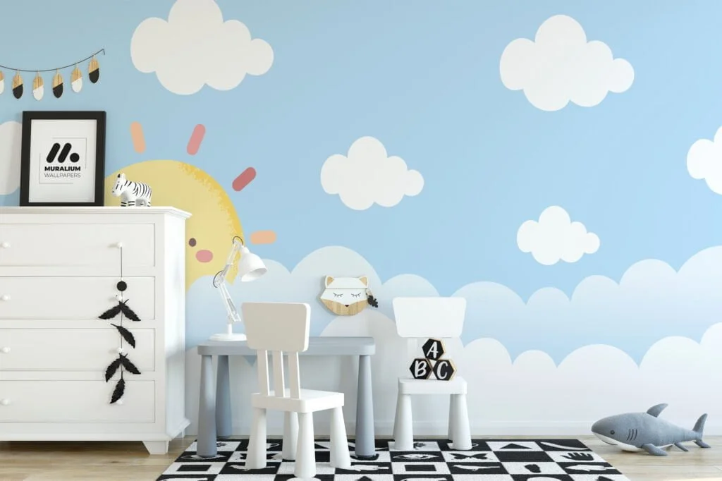 Nursery Wallpaper with Cute Smiling Sun in the Clouds, Peel & Stick Wallpaper, Fabric Wallpaper