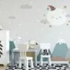 Nursery Wallpaper with Cute Sleeping Moon, Stars, and Mountains, Temporary Wallpaper, Removable Wall Mural