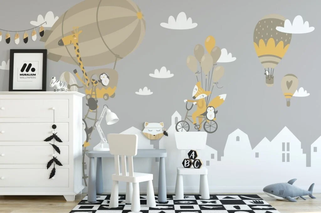 Nursery Wallpaper with Pastel Hot Air Balloons and Penguins, Peel & Stick Wallpaper, Durable Wallpaper