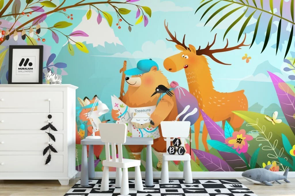 Kids Room Wallpaper with Colorful Cartoon Style Forest Animals Illustration, Peel & Stick Wall Mural, Removable Wallpaper