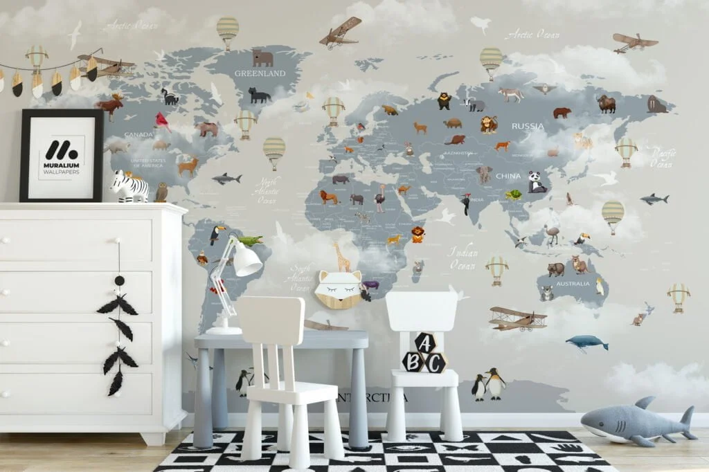 Nursery Wallpaper with World Map, Animals, and Clouds, Temporary Wallpaper, Removable Wall Mural