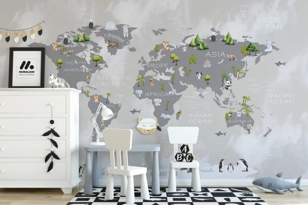 Nursery Wallpaper with Pastel World Map and Animals, Peel & Stick Wallpaper, Fabric Wallpaper