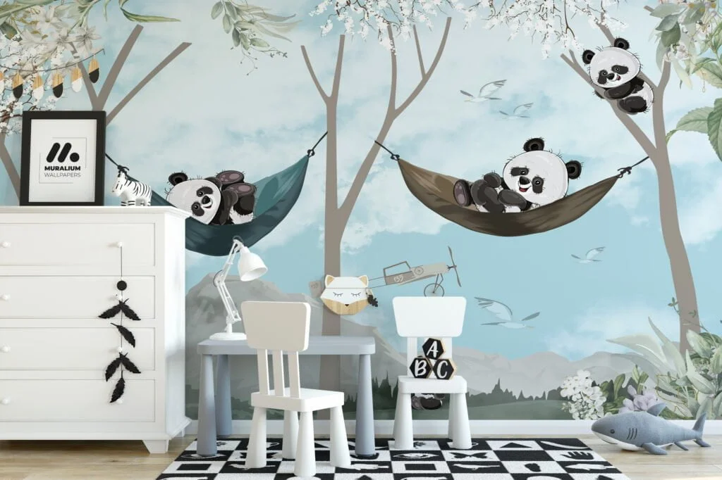 Nursery Wallpaper with Cute Relaxing Pandas in Trees Illustration, Removable Wallpaper, Self Adhesive Wall Mural