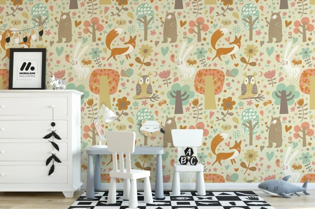 Cute Forest Animals Illustration Nursery Wallpaper, Peel & Stick Wall Mural, Removable Wallpaper