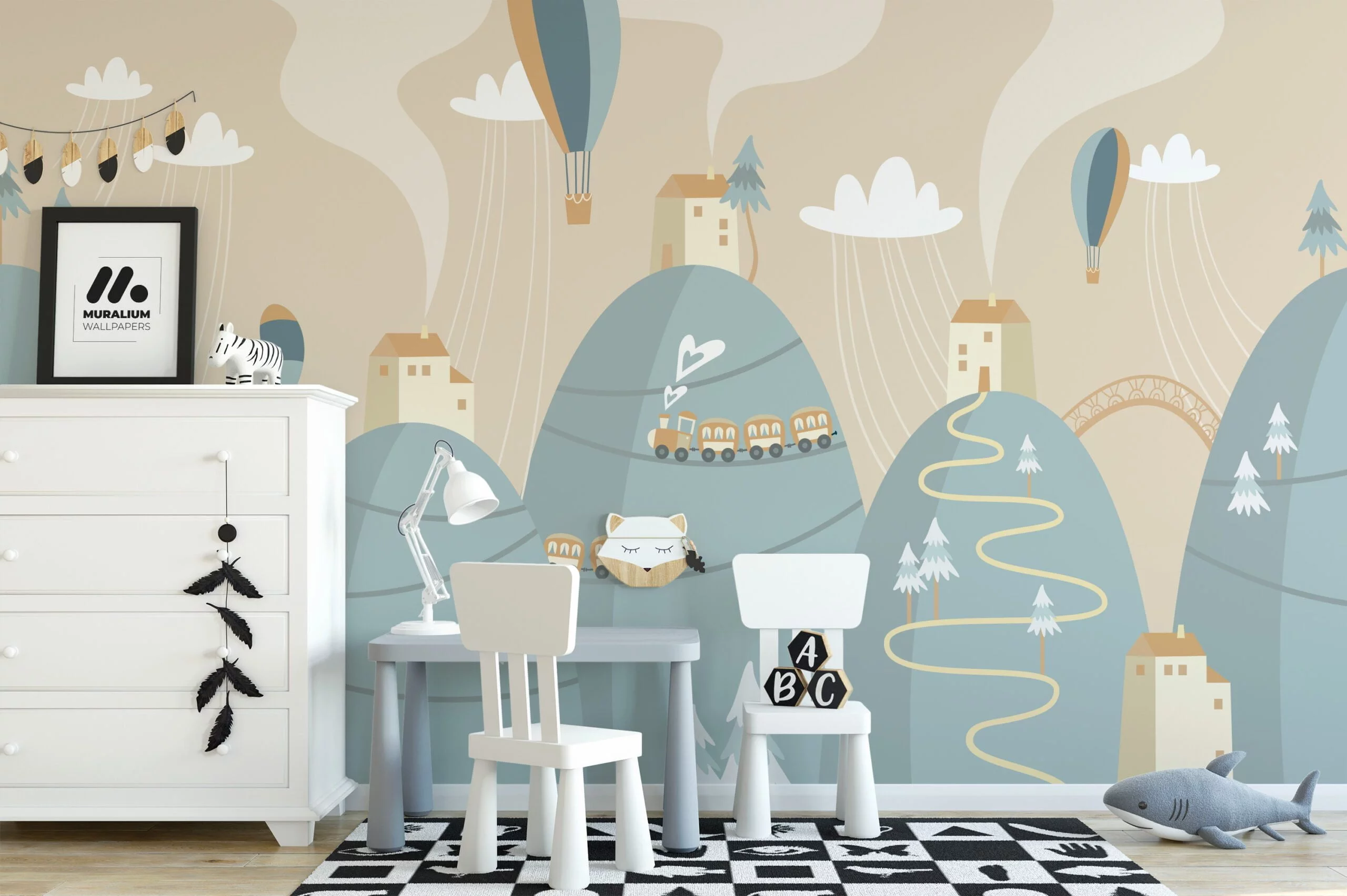 Nursery Wallpaper with Mountains, Trains, and Hot Air Balloons, Peel & Stick Wall Mural, Removable Wallpaper