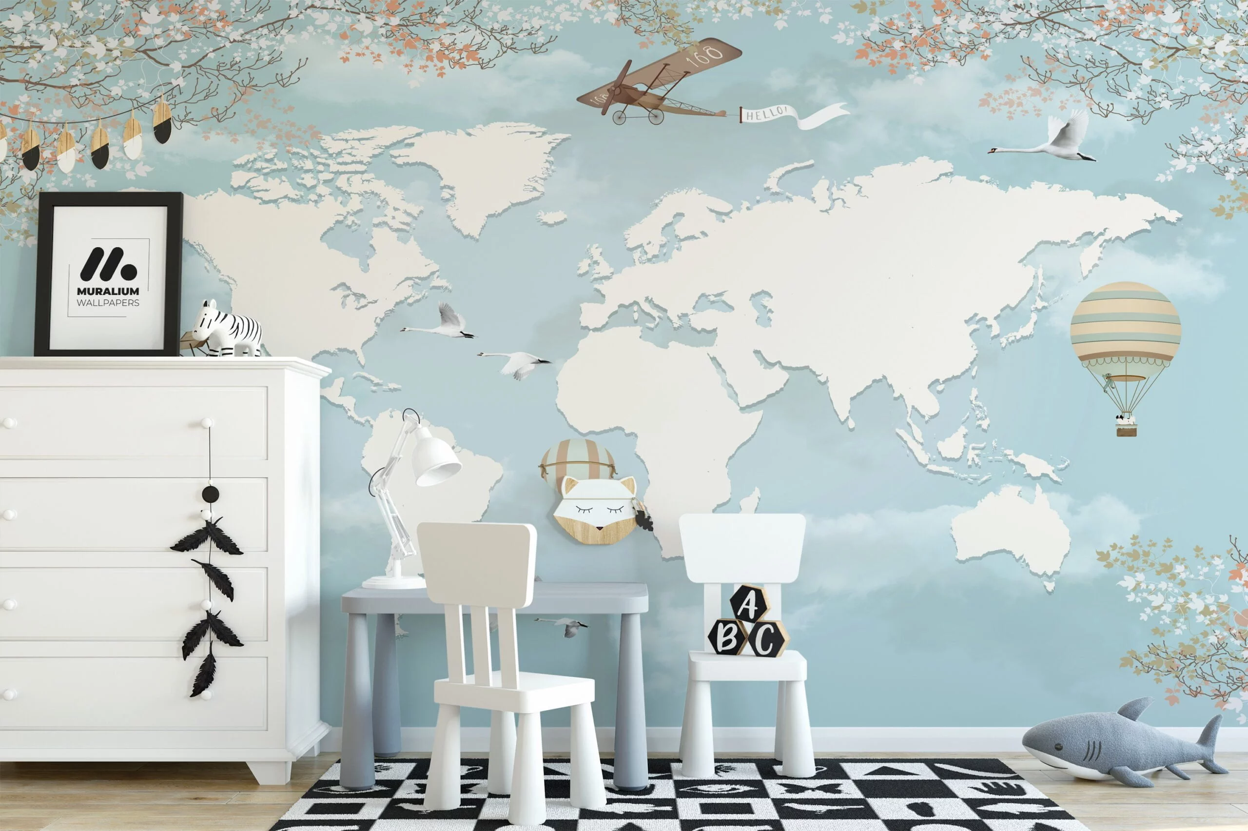Nursery World Map Wallpaper in Pastel Light Blue, Removable Wallpaper, Self Adhesive Wall Mural