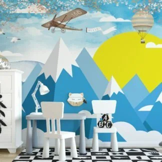 Nursery Wallpaper with Blue Mountains, Hot Air Balloons, and Aircraft, Peel & Stick Wallpaper, Durable Wallpaper