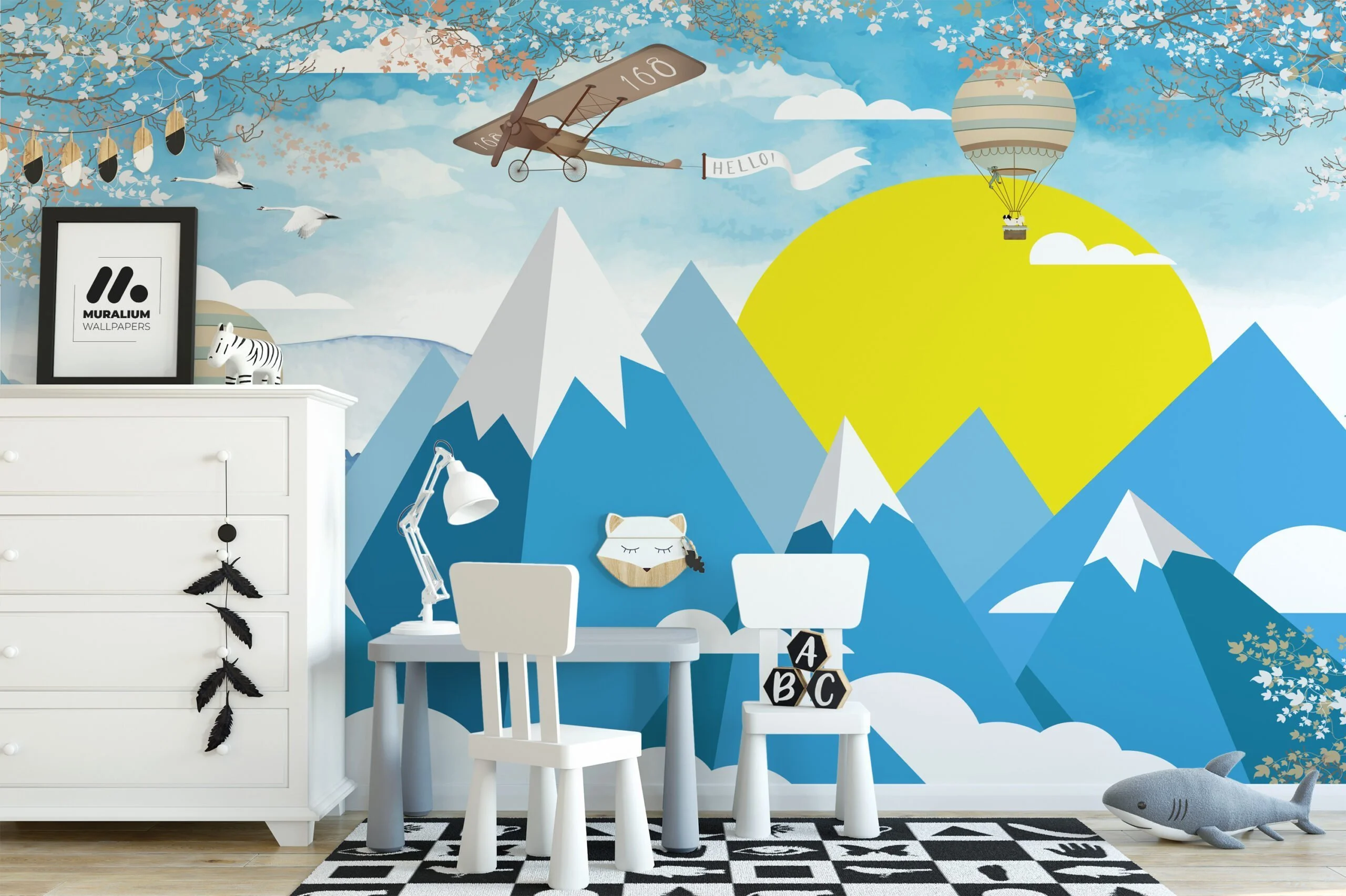 Nursery Wallpaper with Blue Mountains, Hot Air Balloons, and Aircraft, Peel & Stick Wallpaper, Durable Wallpaper
