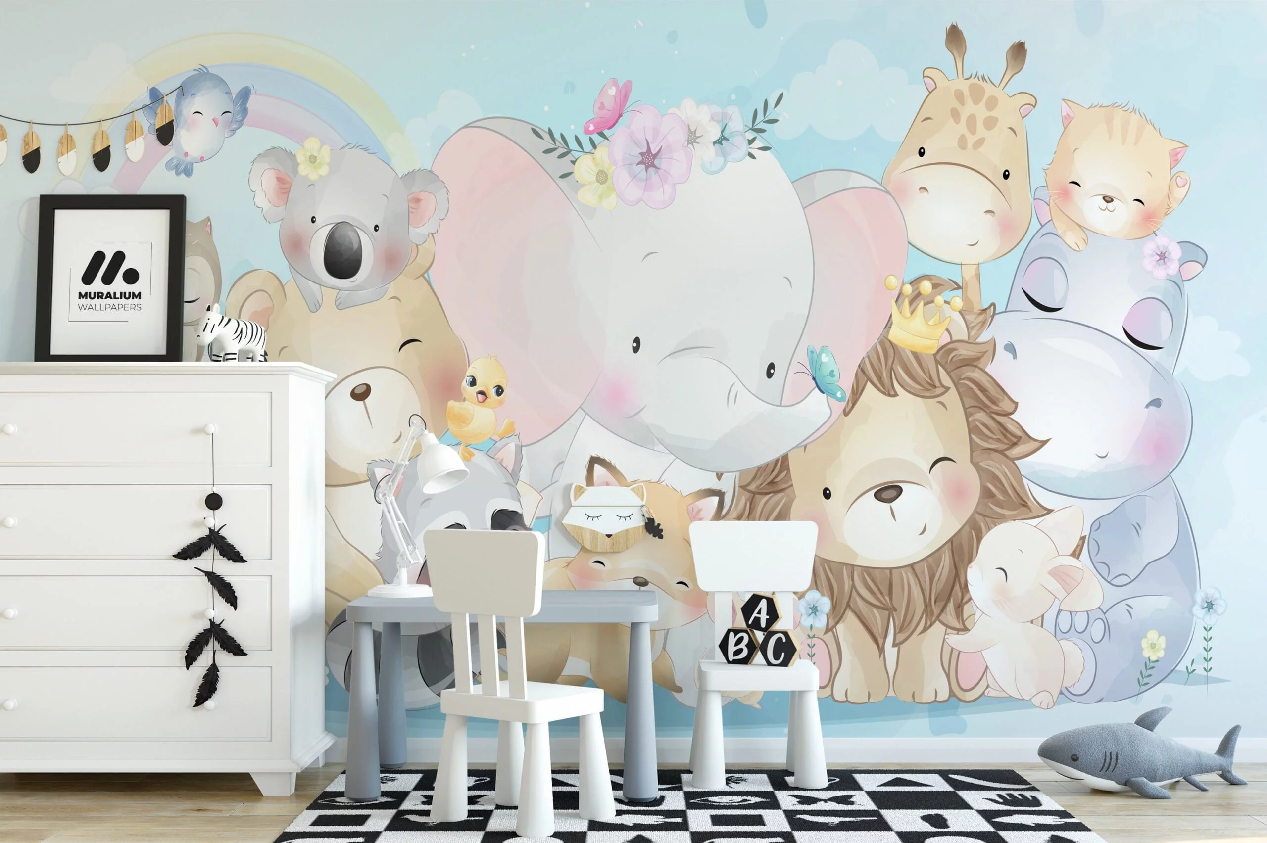 Nursery Wallpaper with Cute Pastel Animals Illustration, Temporary Wallpaper, Removable Wall Mural