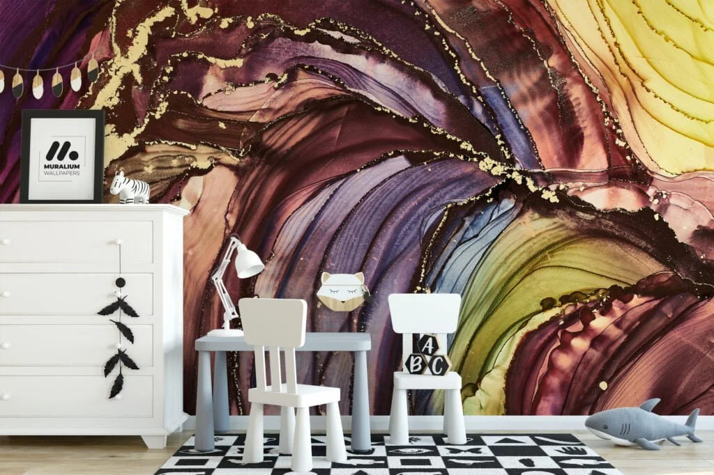 Opulent Gold and Dynamic Mixed Colored Ink Art Wallpaper for a Luxurious and Artistic Home Decor