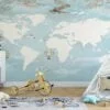 Nursery World Map Wallpaper in Pastel Light Blue, Removable Wallpaper, Self Adhesive Wall Mural