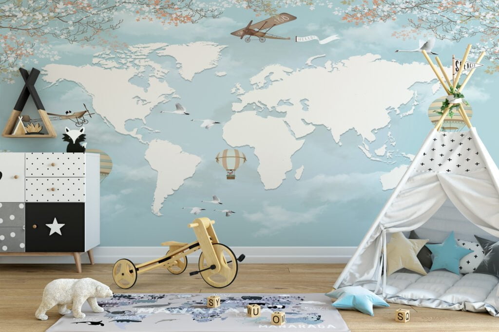 Nursery World Map Wallpaper in Pastel Light Blue, Removable Wallpaper, Self Adhesive Wall Mural