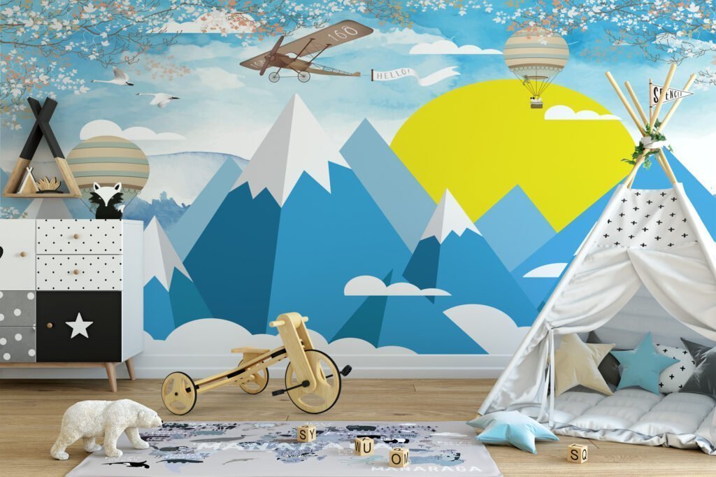 Nursery Wallpaper with Blue Mountains, Hot Air Balloons, and Aircraft, Peel & Stick Wallpaper, Durable Wallpaper