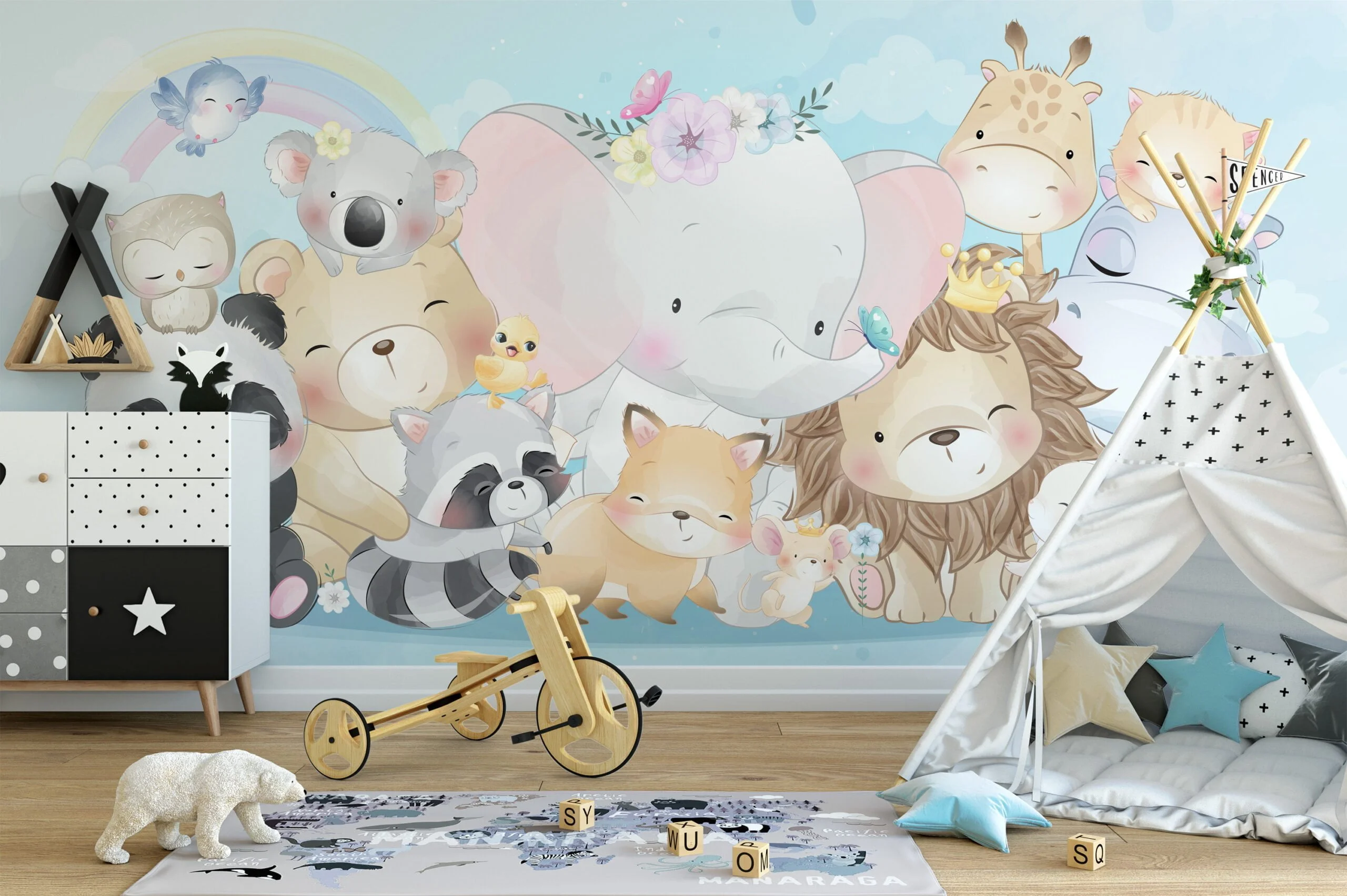 Nursery Wallpaper with Cute Pastel Animals Illustration, Temporary Wallpaper, Removable Wall Mural