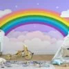 Wallpaper with Rainbow in Clouds Illustration on a Purple Background, Peel & Stick Wallpaper, Fabric Wallpaper