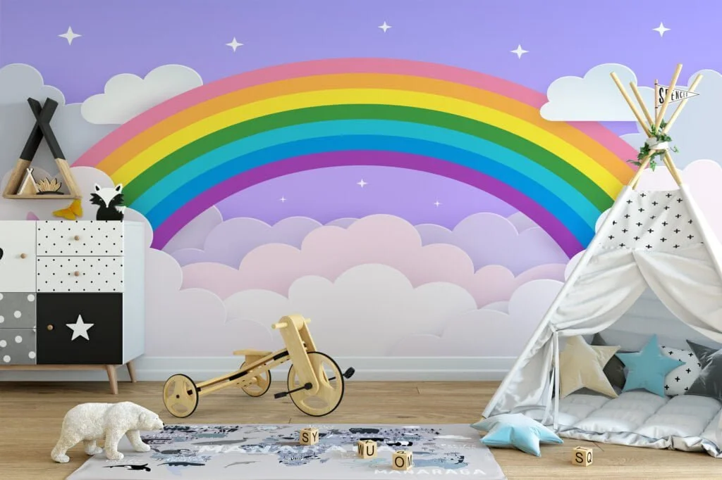 Wallpaper with Rainbow in Clouds Illustration on a Purple Background, Peel & Stick Wallpaper, Fabric Wallpaper