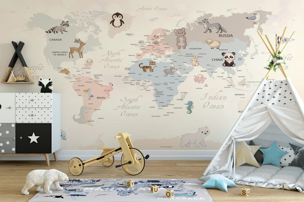 Nursery Wallpaper with Pastel World Map and Animals, Removable Wallpaper, Self Adhesive Wall Mural