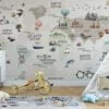 Cute Nursery World Map Wallpaper with Pastel Beige and Animals, Peel & Stick Wallpaper, Fabric Wallpaper
