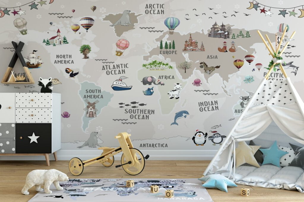 Cute Nursery World Map Wallpaper with Pastel Beige and Animals, Peel & Stick Wallpaper, Fabric Wallpaper