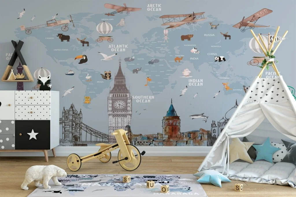 Nursery World Map Wallpaper with Animals and World Famous Architectures, Temporary Wallpaper, Removable Wall Mural