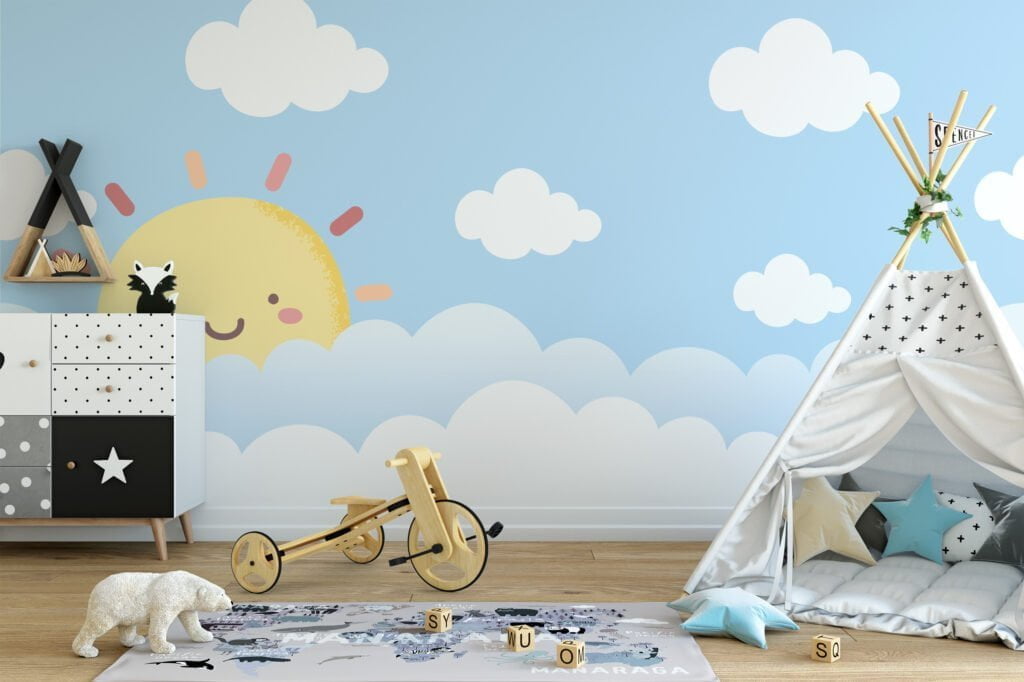 Nursery Wallpaper with Cute Smiling Sun in the Clouds, Peel & Stick Wallpaper, Fabric Wallpaper