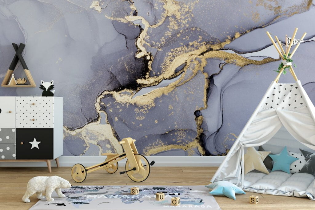 Sophisticated Grey and Gold Ink Art Wallpaper for an Elegant and Luxurious Home Ambiance