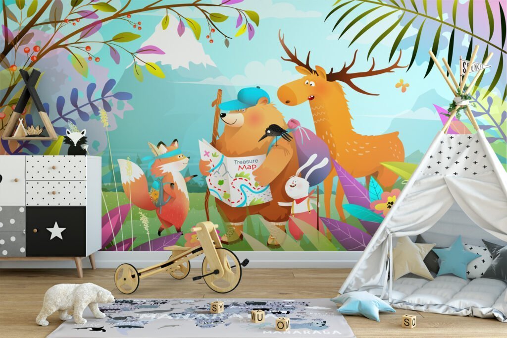 Kids Room Wallpaper with Colorful Cartoon Style Forest Animals Illustration, Peel & Stick Wall Mural, Removable Wallpaper