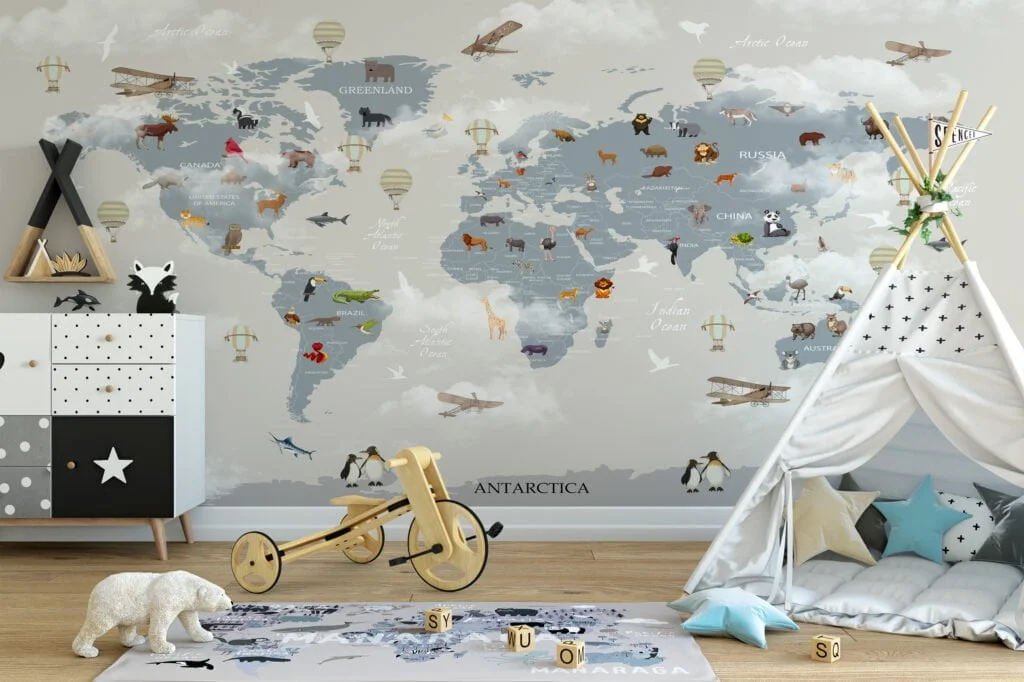 Nursery Wallpaper with World Map, Animals, and Clouds, Temporary Wallpaper, Removable Wall Mural