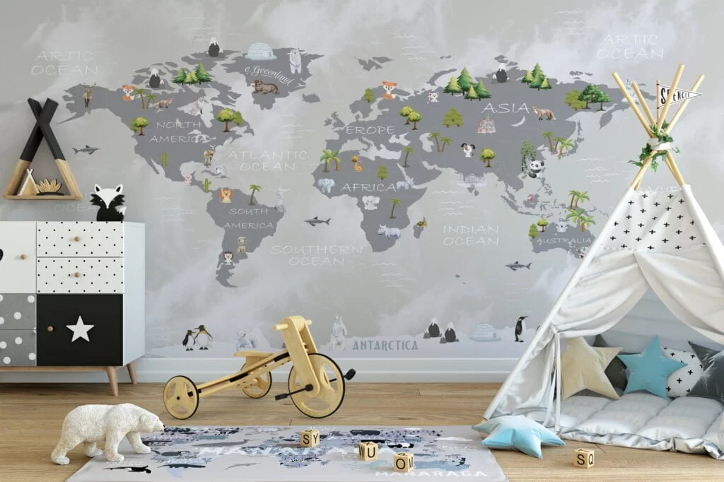 Nursery Wallpaper with Pastel World Map and Animals, Peel & Stick Wallpaper, Fabric Wallpaper