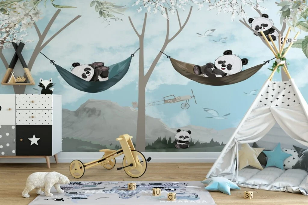 Nursery Wallpaper with Cute Relaxing Pandas in Trees Illustration, Removable Wallpaper, Self Adhesive Wall Mural