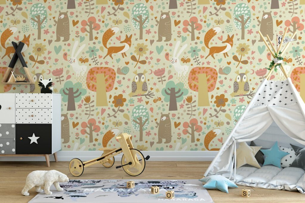 Cute Forest Animals Illustration Nursery Wallpaper, Peel & Stick Wall Mural, Removable Wallpaper
