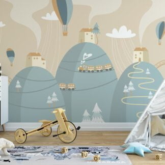 Nursery Wallpaper with Mountains, Trains, and Hot Air Balloons, Peel & Stick Wall Mural, Removable Wallpaper