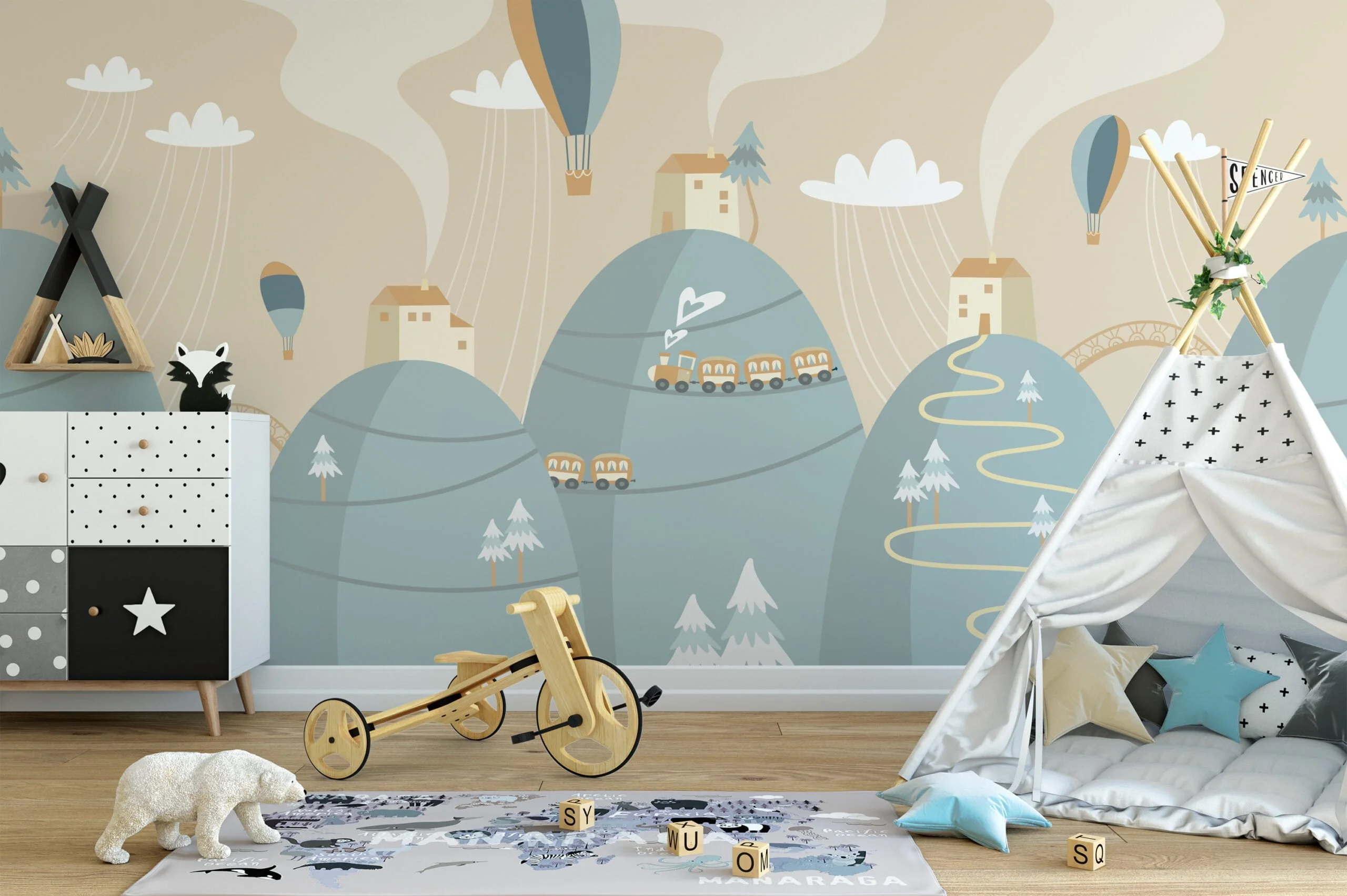 Nursery Wallpaper with Mountains, Trains, and Hot Air Balloons, Peel & Stick Wall Mural, Removable Wallpaper