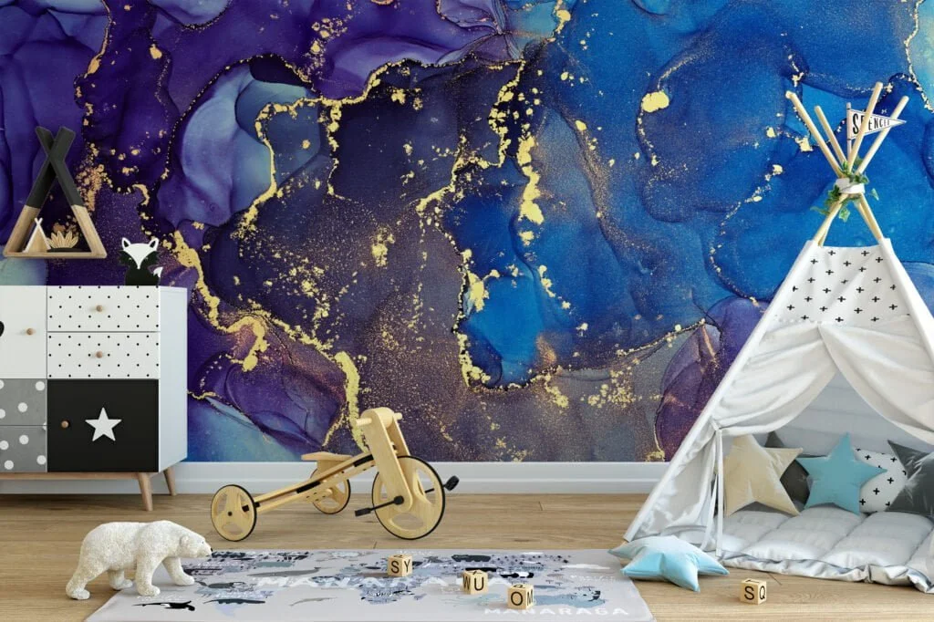 Indulge in the captivating beauty of our Dark Blue and Purple Marble Effect Wallpaper