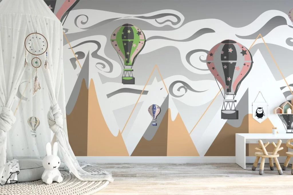 Kids Room Wallpaper with Hot Air Balloons and Mountains, Peel & Stick Wall Mural, Removable Wallpaper