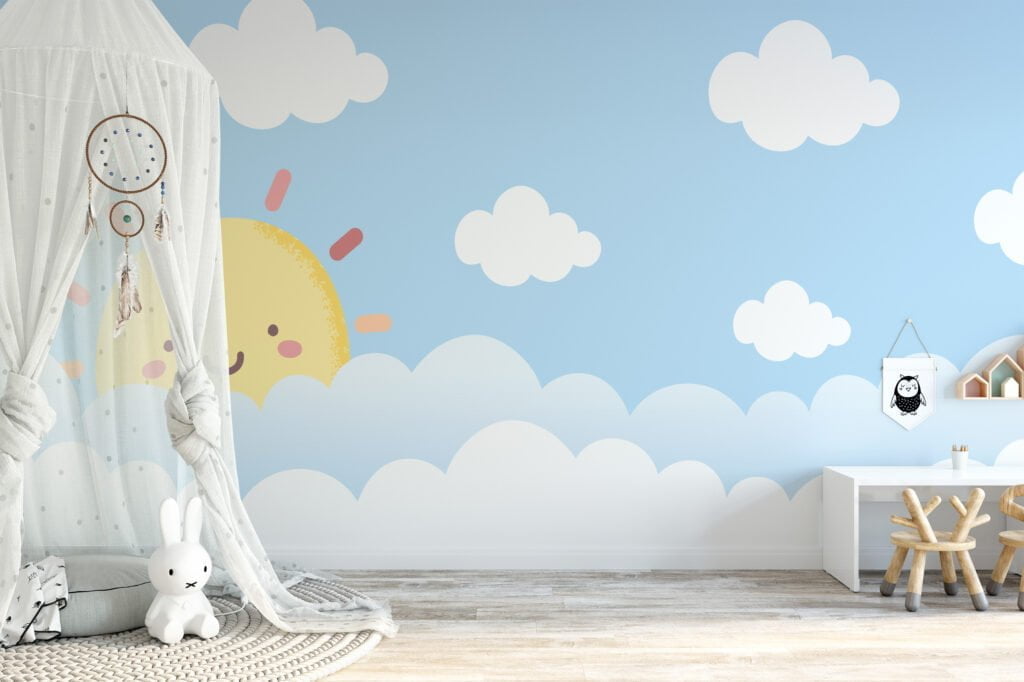 Nursery Wallpaper with Cute Smiling Sun in the Clouds, Peel & Stick Wallpaper, Fabric Wallpaper