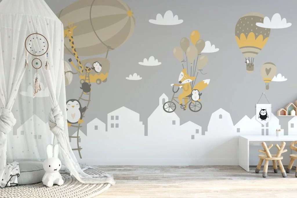 Nursery Wallpaper with Pastel Hot Air Balloons and Penguins, Peel & Stick Wallpaper, Durable Wallpaper