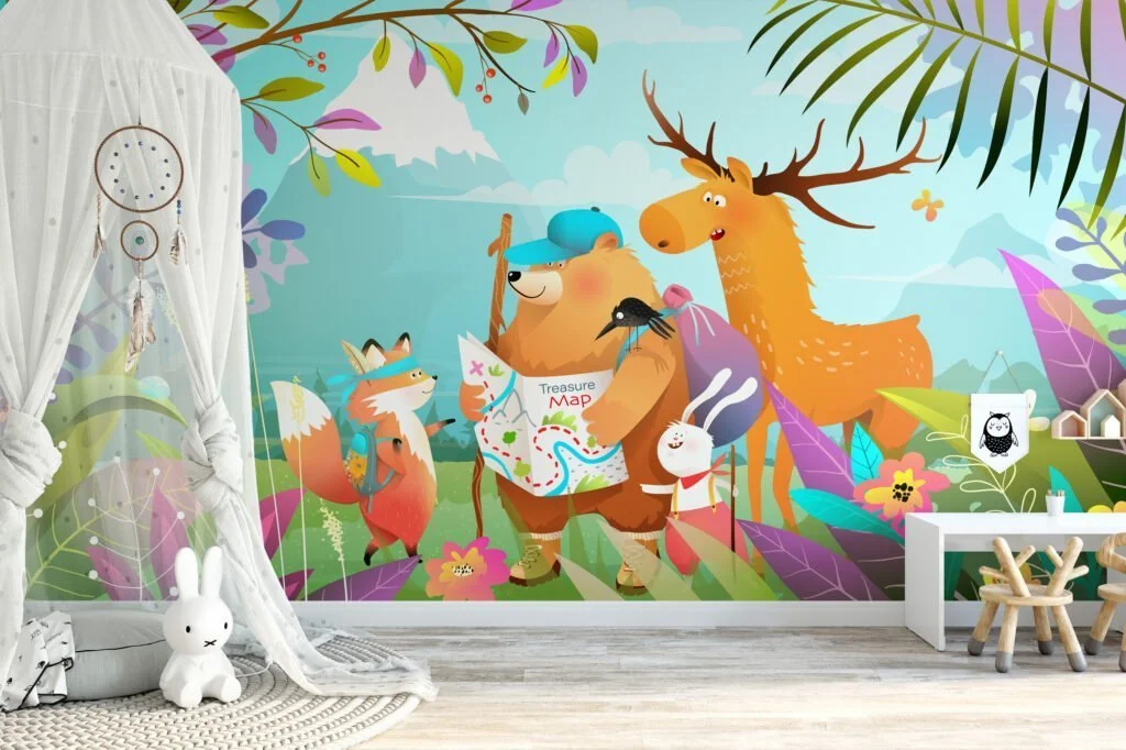 Kids Room Wallpaper with Colorful Cartoon Style Forest Animals Illustration, Peel & Stick Wall Mural, Removable Wallpaper