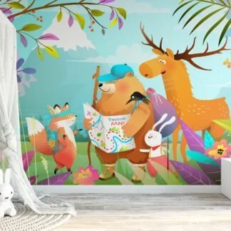 Kids Room Wallpaper with Colorful Cartoon Style Forest Animals Illustration, Peel & Stick Wall Mural, Removable Wallpaper