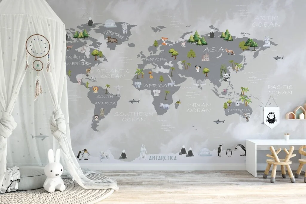 Nursery Wallpaper with Pastel World Map and Animals, Peel & Stick Wallpaper, Fabric Wallpaper