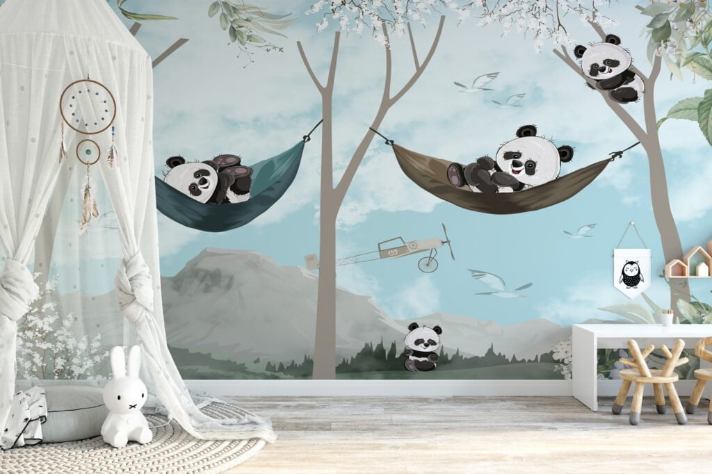 Nursery Wallpaper with Cute Relaxing Pandas in Trees Illustration, Removable Wallpaper, Self Adhesive Wall Mural