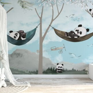 Nursery Wallpaper with Cute Relaxing Pandas in Trees Illustration, Removable Wallpaper, Self Adhesive Wall Mural