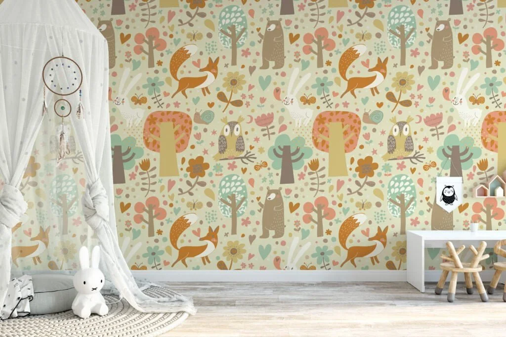 Cute Forest Animals Illustration Nursery Wallpaper, Peel & Stick Wall Mural, Removable Wallpaper