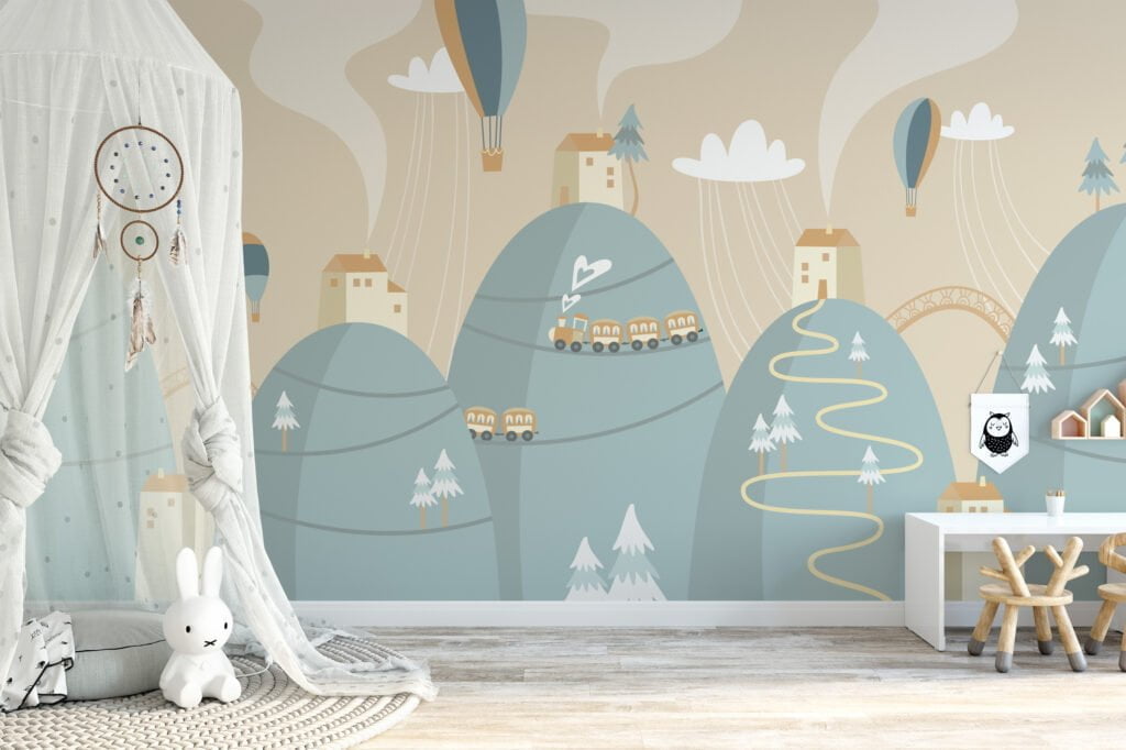 Nursery Wallpaper with Mountains, Trains, and Hot Air Balloons, Peel & Stick Wall Mural, Removable Wallpaper