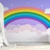 Wallpaper with Rainbow in Clouds Illustration on a Purple Background, Peel & Stick Wallpaper, Fabric Wallpaper