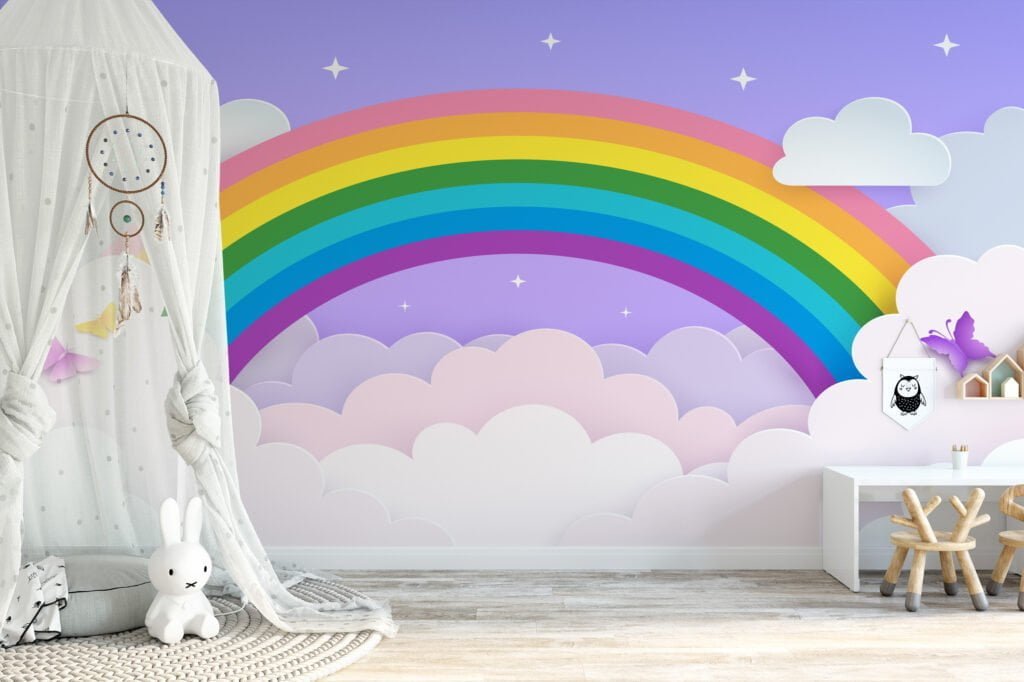 Wallpaper with Rainbow in Clouds Illustration on a Purple Background, Peel & Stick Wallpaper, Fabric Wallpaper