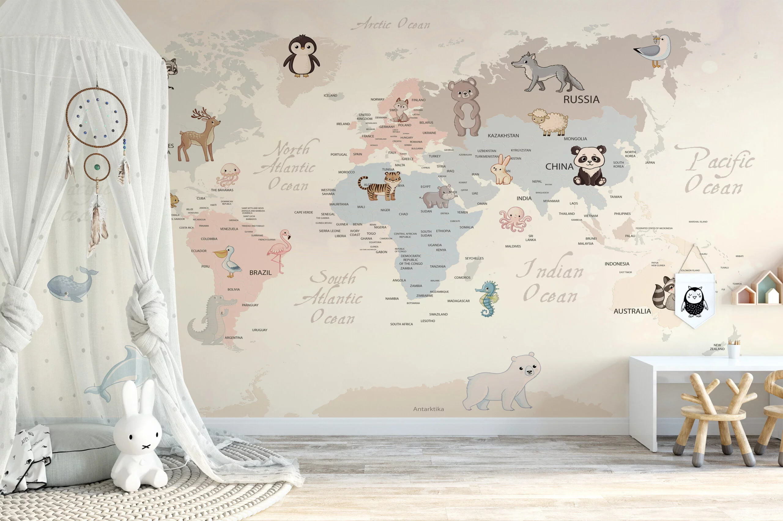 Nursery Wallpaper with Pastel World Map and Animals, Removable Wallpaper, Self Adhesive Wall Mural