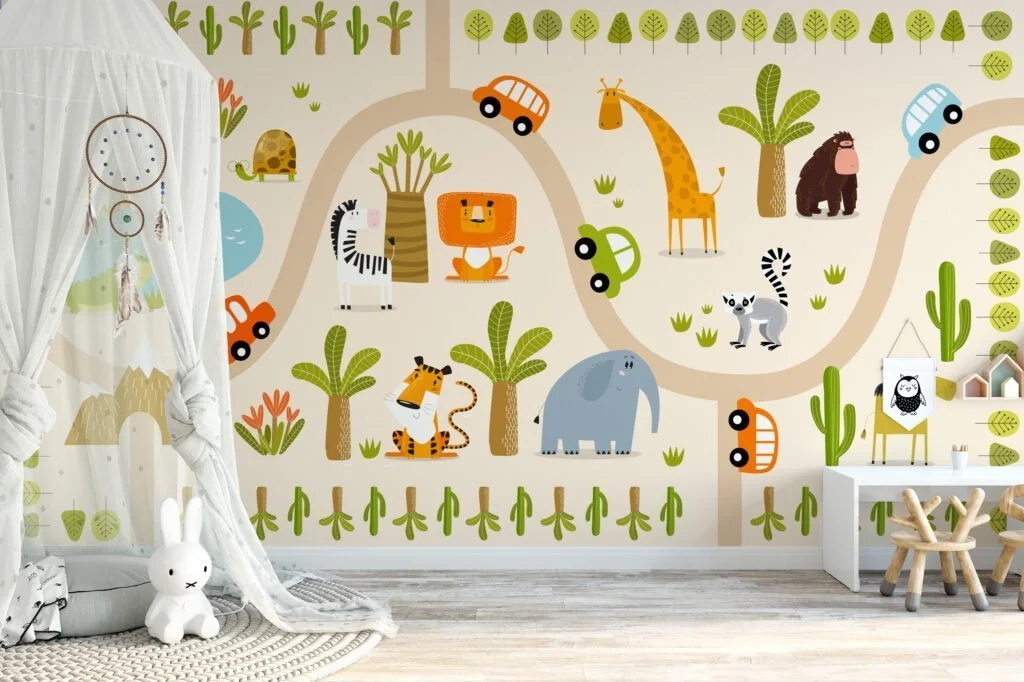 Nursery Wallpaper with Cute Animals and Trees, Peel & Stick Wall Mural, Removable Wallpaper