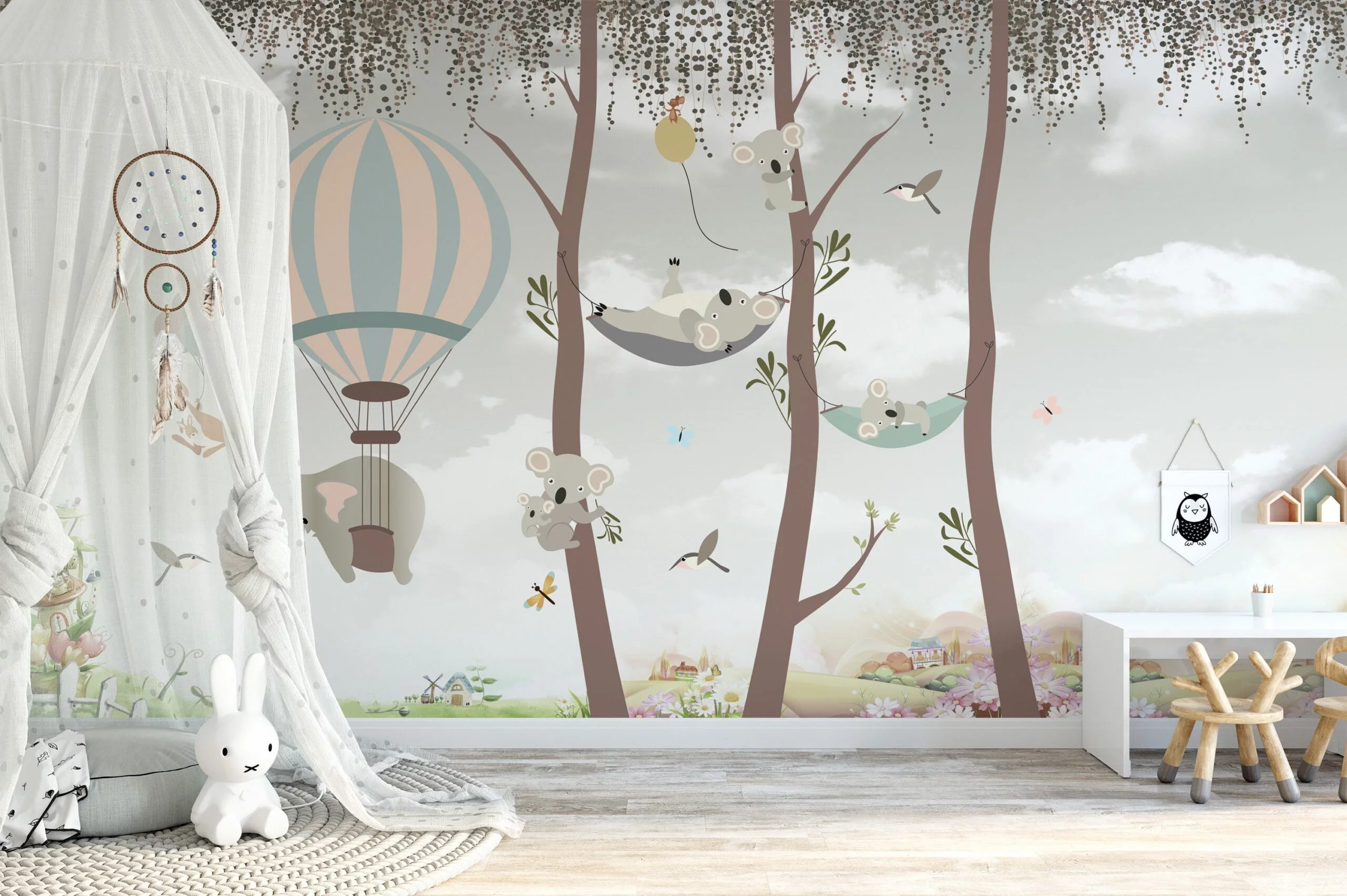 Nursery Wallpaper with Cute Trees and Koalas, Peel & Stick Wallpaper, Durable Wallpaper
