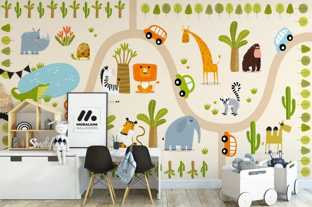 Nursery Wallpaper with Cute Animals and Trees, Peel & Stick Wall Mural, Removable Wallpaper